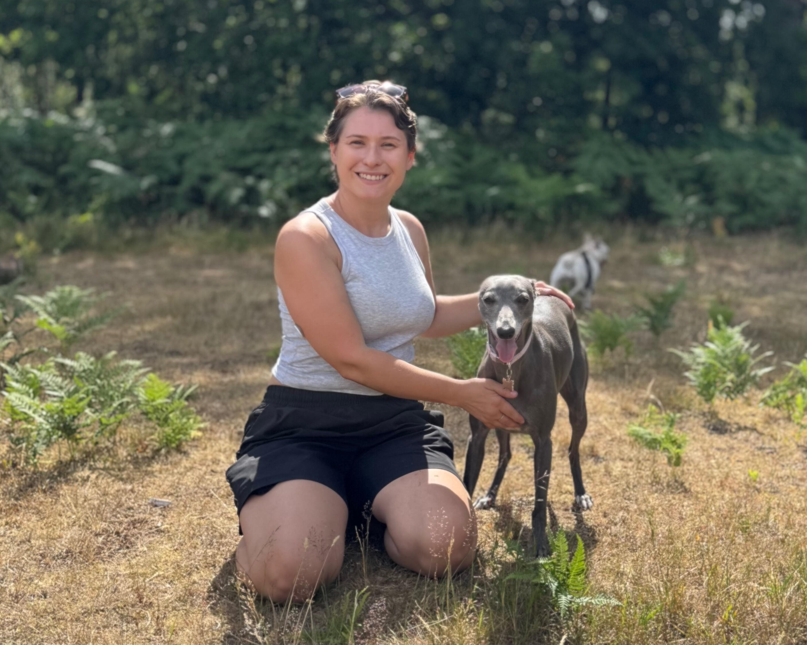 GeoPaws secure-field dog walker with dogs in Frimley Green