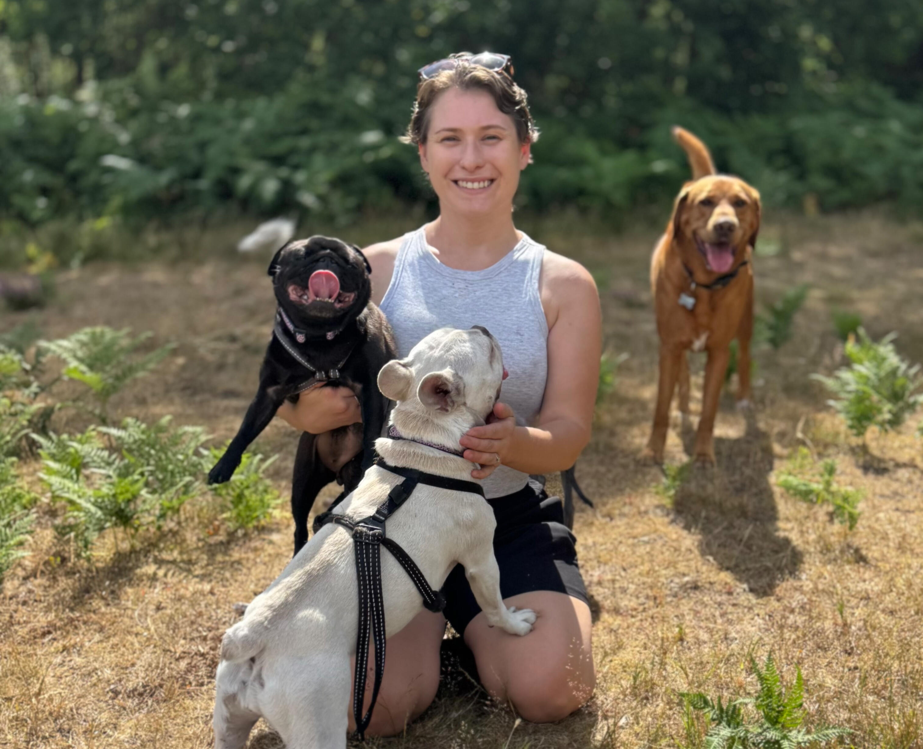 GeoPaws secure-field dog walker with dogs in Camberley