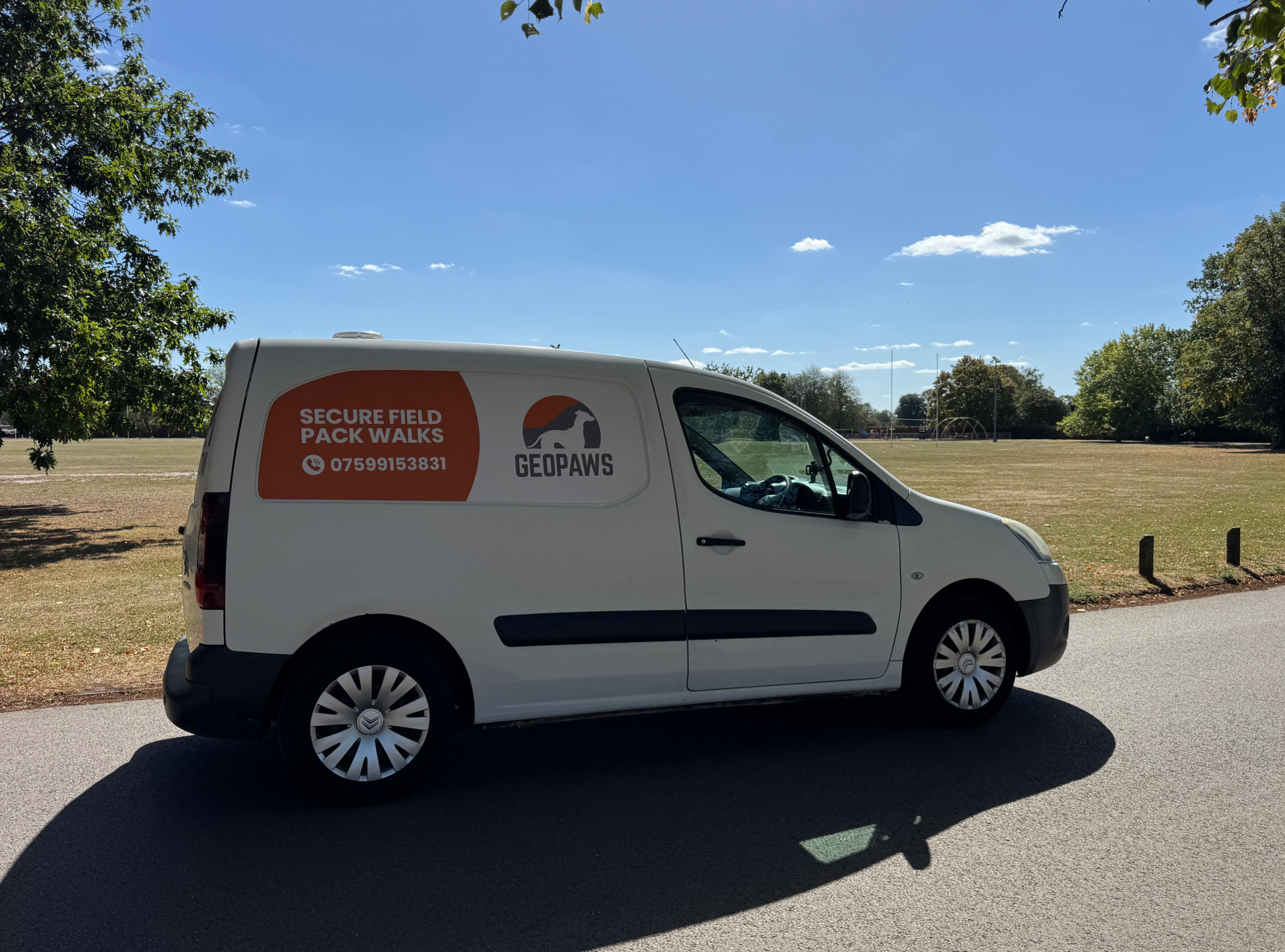 GeoPaws secure-field dog walker with dogs in Camberley