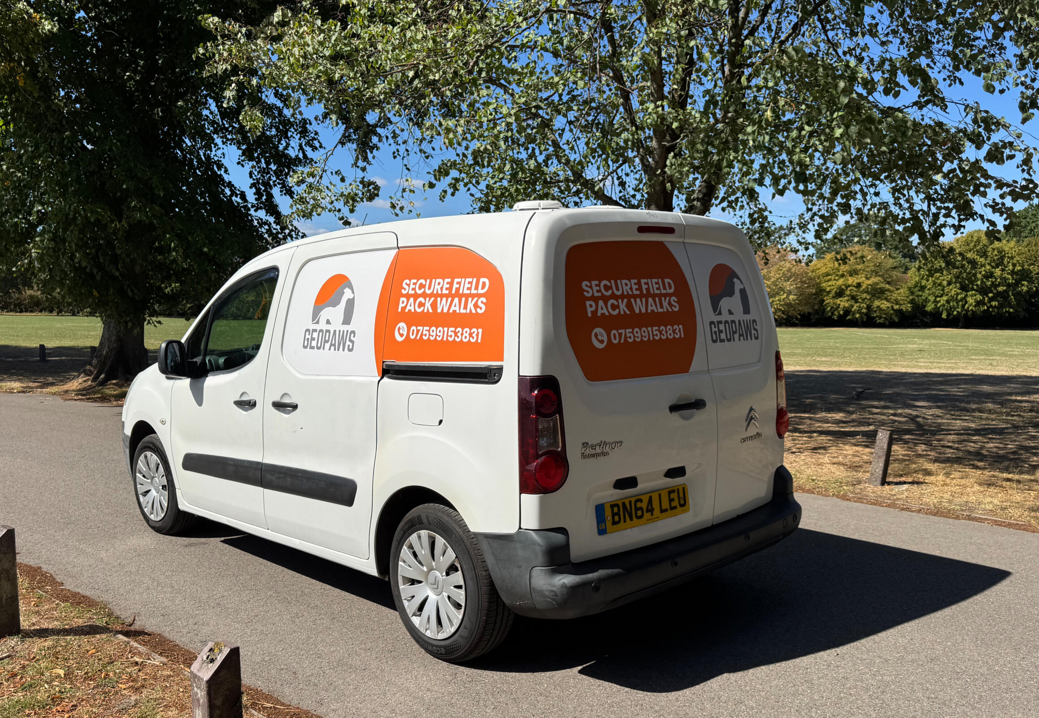 GeoPaws secure-field dog walker with dogs in Frimley